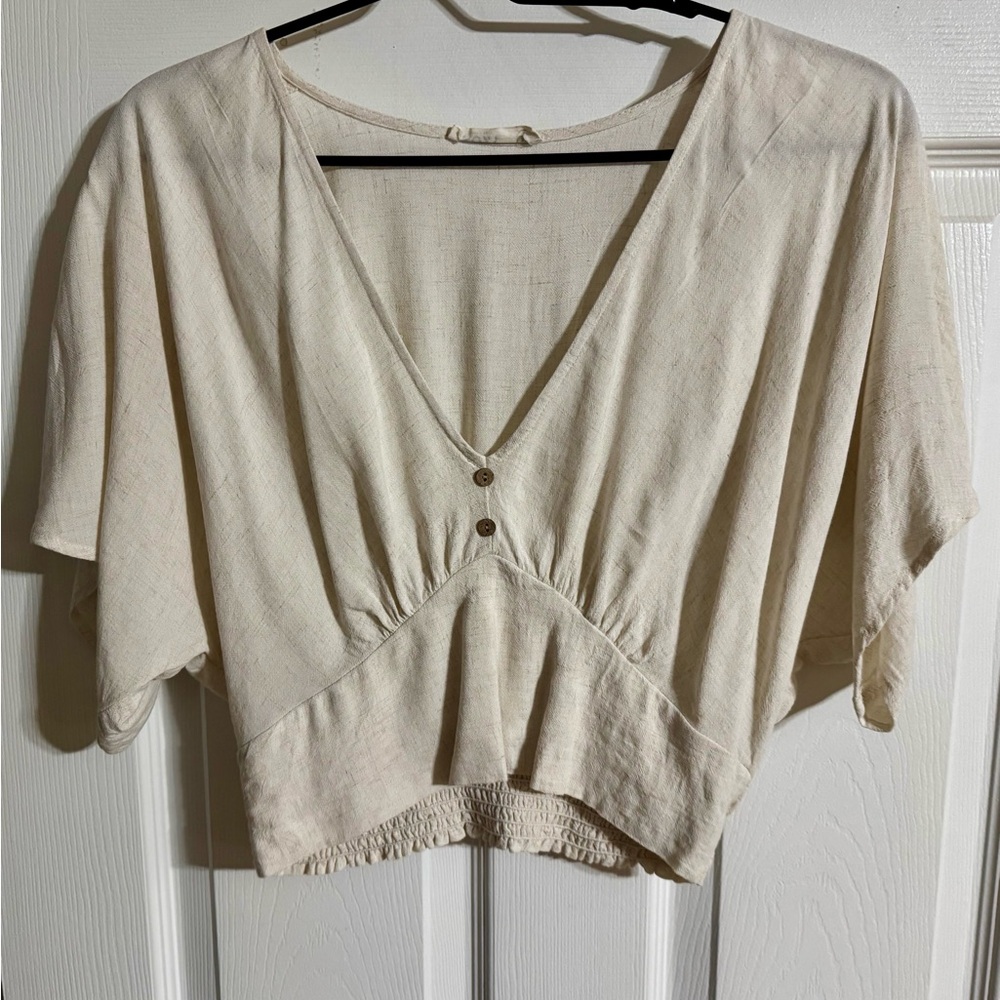 Cream V-Neck Short Sleeve Cropped Top